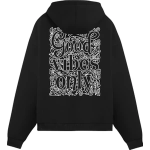 Unisex Siyah Baskılı Oversize Fit Pamuklu Kapüşonlu Sweatshirt