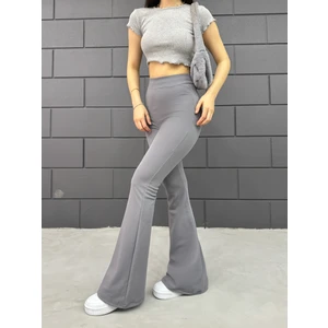 Kadın Gri Ispanyol Paça Krep Yüksek Bel Likralı Toparlayıcı Tayt Pantolon