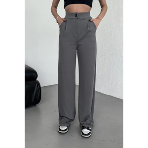 Kadın Gri Yüksek Bel Pileli Düğmeli Likralı Esnek Rahat Kalıp Palazzo Pantolon