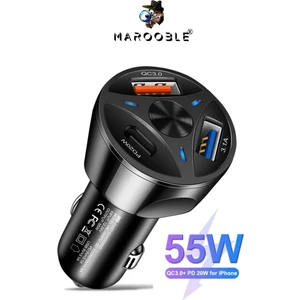 55W 3 In 1 Araç Içi Şarj Cihazı 2 USB 1 Type-C Şarj Cihazı Hızlı Şarj Araç Çakmaklığı