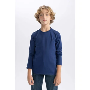 Erkek Çocuk Koyu Mavi Standart Fit Normal Kesim Bisiklet Yaka Basic Düz %100 Pamuk Uzun Kollu Tshirt B7771A8NS