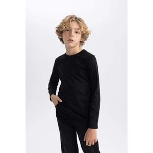 Erkek Çocuk Siyah Standart Fit Normal Kesim Bisiklet Yaka Basic Düz %100 Pamuk Uzun Kollu Tshirt B7771A8NS