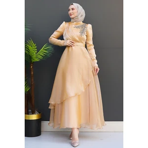 Taşlı Organze Abiye Gold