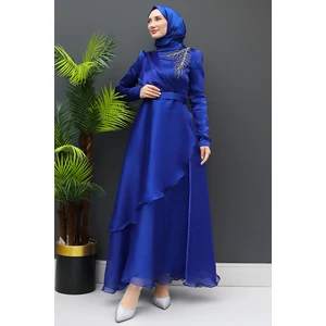 Taşlı Organze Abiye Gece Mavi