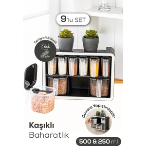 Beyaz Serigrafi Etiketli 9lu Standlı Kendinden Yapışkanlı Kaşıklı Baharatlık Seti Siyah