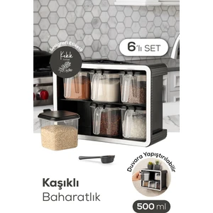 Beyaz Serigrafi Etiketli 6lı 500 ml Standlı Kendinden Yapışkanlı Kaşıklı Baharatlık Seti Siyah
