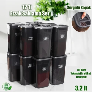 Etiketli 3,2 Litre 12 Li Saklama Kabı Bakliyat Saklama Kabı Erzak Saklama Kabı Seti - Siyah