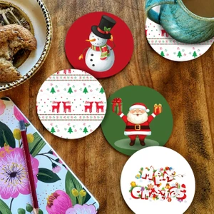 HET Concept Yılbaşı Serisi Yeni Yıl Dijital Baskılı 4'lü Ahşap Bardak Altlığı Model 002