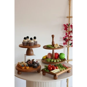 2 Katlı Kek Standı + Pastalık 25 cm + Risus 25 cm + Risus Küçük Boy Ahşap 17 x 25 cm