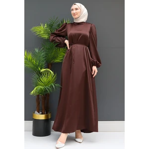 Giza Store Ince Kuşaklı Saten Elbise Kahve