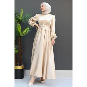 Saten Kemerli Elbise Gold