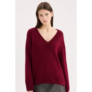 Oversize Geniş Kalıp V Yaka Basic Düz Bordo Triko Kazak A3264AX24CW