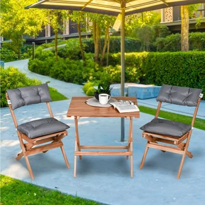 Ahşap Katlanır Puf Minderli 3 Lü Bistro Set Bahçe Takımı (Naturel-Gri)