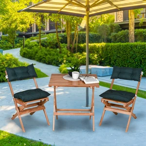 Ahşap Katlanır Puf Minderli 3 Lü Bistro Set Bahçe Takımı (Naturel-Yeşil)