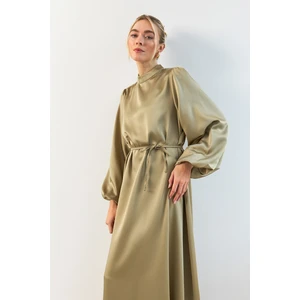 Balon Kol Saten Abiye Elbise - Çağla Yeşili