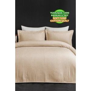 Evlen Home Collection Judy Pamuklu Yatak Örtüsü ( Pike ) Takımı Çift Kişilik Çizgili Günlük Sade Düz Bej