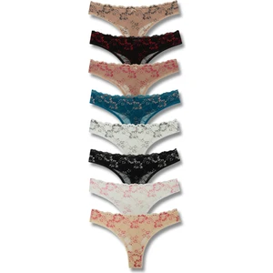 8'li Önü Dantel Arkası Çift Kat Pamuklu Tanga Kadın Külot