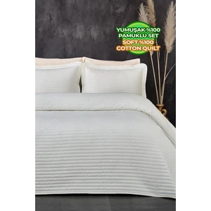 Evlen Home Collection Pamuk Yatak Örtüsü ( Pike ) Takımı Tek Kişilik Judy Yatay Çizgili Kapitone Beyaz