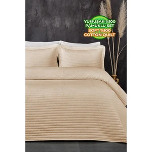 Evlen Home Collection Pamuk Yatak Örtüsü ( Pike ) Takımı Tek Kişilik Judy Yatay Çizgili Kapitone Bej
