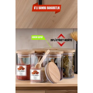 Open Home Concept 6'lı Cam Vakumlu Bambu Kapaklı Borosilikat Baharatlık, Saklama Kabı, Çerezlik (200 Ml)