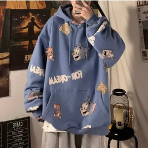 Amor Man Büyük Beden Özel Tasarım Kapüşonlu Kedi Fare Baskılı Oversize Battal Erkek Sweatshırt