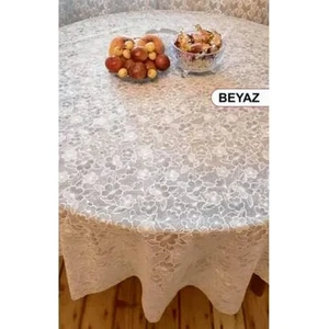 Yuvarlak Dantel Görünümlü Pvc Muşamba Mutfak Masa Örtüsü Sıvı Geçirmez Silinebilir  / Ebat: 152  cm  .beyaz