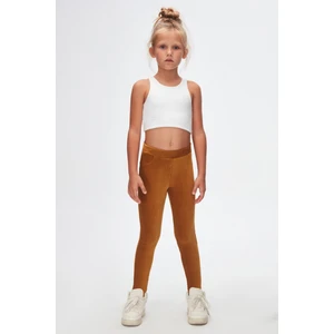 Hardal Kız Çocuk Sahte Cepli Fitilli Kadife Tayt