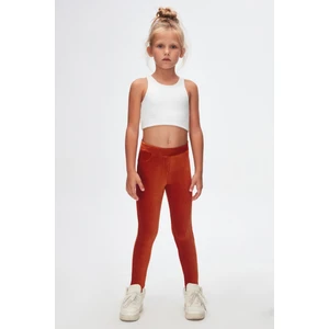 Kiremit Kız Çocuk Sahte Cepli Fitilli Kadife Tayt