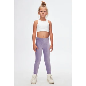 Açık Lila Kız Çocuk Sahte Cepli Fitilli Kadife Tayt