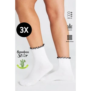 Bambu Kadın Siyah Fırfırlı Lastiksiz Dikişsiz Kadın Soket 3lü Beyaz Çorap/iz Bırakmaz /sıkmayan Çorap