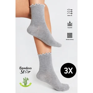 Bambu Kadın Beyaz Fırfırlı Lastiksiz Dikişsiz Kadın Soket 3lü Gri Çorap/iz Bırakmaz /sıkmayan Çorap