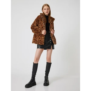 Peluş Mont Leopar Desenli Fermuarlı Dik Yaka Cepli