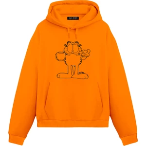 Garfield Baskılı Unisex Turuncu Oversize Fit Pamuklu Kapüşonlu Sweatshirt