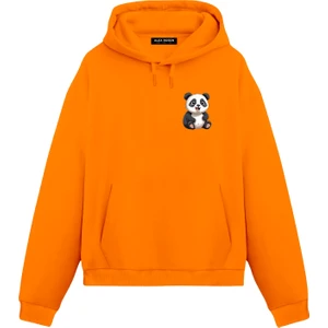 Panda Baskılı Unisex Turuncu Oversize Fit Pamuklu Kapüşonlu Sweatshirt