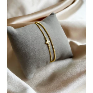 Zirkon Taşlı Yıldız Detay Iki Zincirli Ayarlanabilir Gold Çelik Bileklik