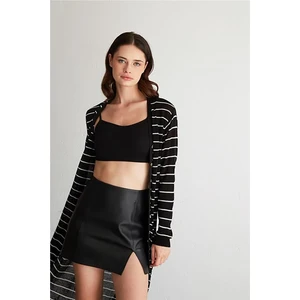 Kadın Çizgili Uzun Triko Hırka Siyah