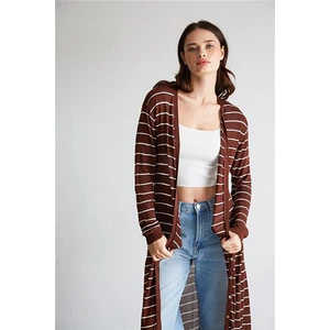 Kadın Çizgili Uzun Triko Hırka Kahverengi