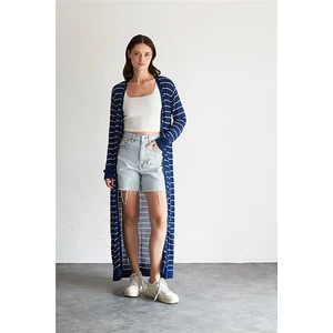 Kadın Çizgili Uzun Triko Hırka Lacivert