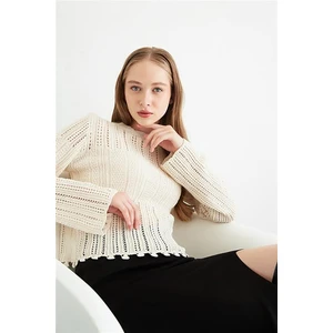 Kadın Ponpon Detaylı Triko Kazak Ekru