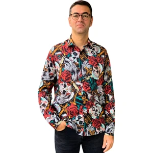 Uzun Kol Regular Fit Pamuk Philipp  Plein Kuru Kafa Desenli Erkek Gömlek (Kırmızı)