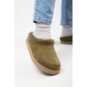 (Jana Kürklü) Kadın  Düz Platform Haki Terlik