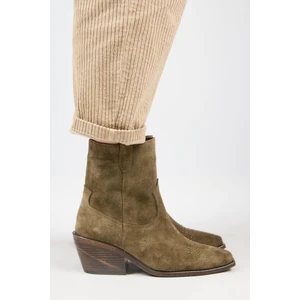 (Gona) Kadın Hakiki Deri Önü Troklu Kovboy Özel Eskitme Haki Bot