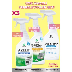 Temizlik 3 adet set "Azelit" Yağ Çözücü, "Universal Cleaner" Lekelere karşı, Dos Spray Küf temizler (600 ml x3)