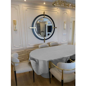 Zeren Home Polyester Keten Simli Oval Masa Örtüsü + 12 Ad Peçete