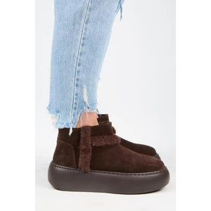 (Azura Mini) Kadın  Deri Içi Kürklü ve Kürk Şeritli Kahve Bot