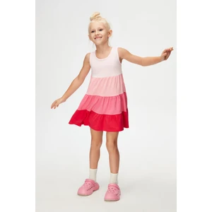 Uçuk Pembe-Fuşya Kat Kat Renkli Kız Çocuk Büzgülü Askılı Elbise