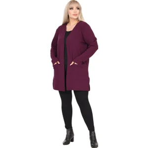 Butik Kadın Mor Büyük Beden Önü Açık Ceket Yaka Örme Kısa Hırka