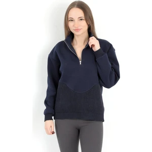 Kadın Lacivert Dik Yaka Triko Detaylı Yarım Fermuarlı Sweatshirt - 5087