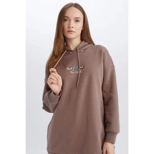 Relax Fit Kapüşonlu Baskılı İçi Yumuşak Tüylü Kalın Sweatshirt Tunik E0841AX24WN