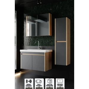Karen Banyo Dallas 80 cm Lavabolu Aynalı Banyo Dolabı Lavabo Dahil Boy Dolabı Dahil S.meşe-Antrasit